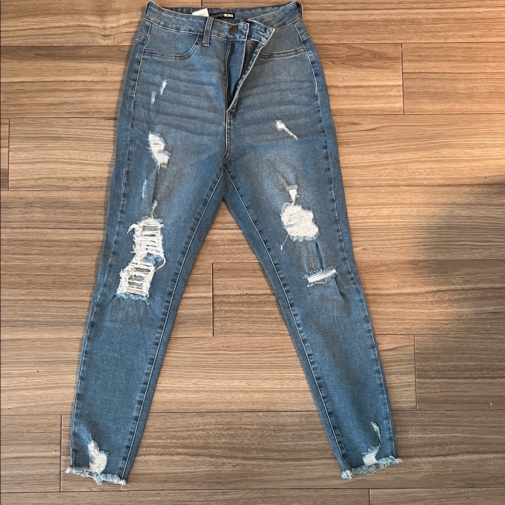 Fashion Nova High Waist Distressed Blue Jeans | Size 9